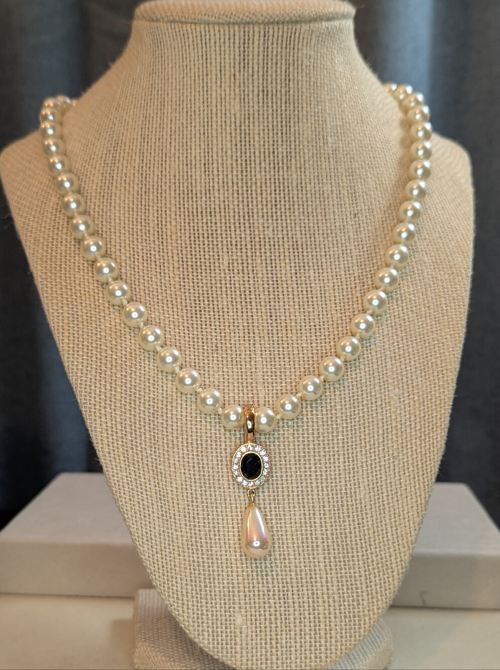 Roman 18" Glass Pearl Necklace with Removable Black Pendant